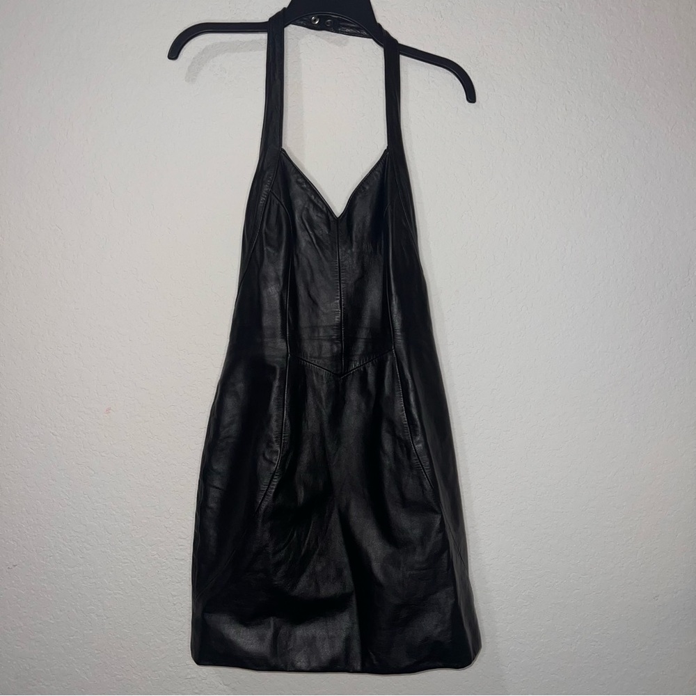 Vintage Chia Black Leather Backless Halter Mini Dress